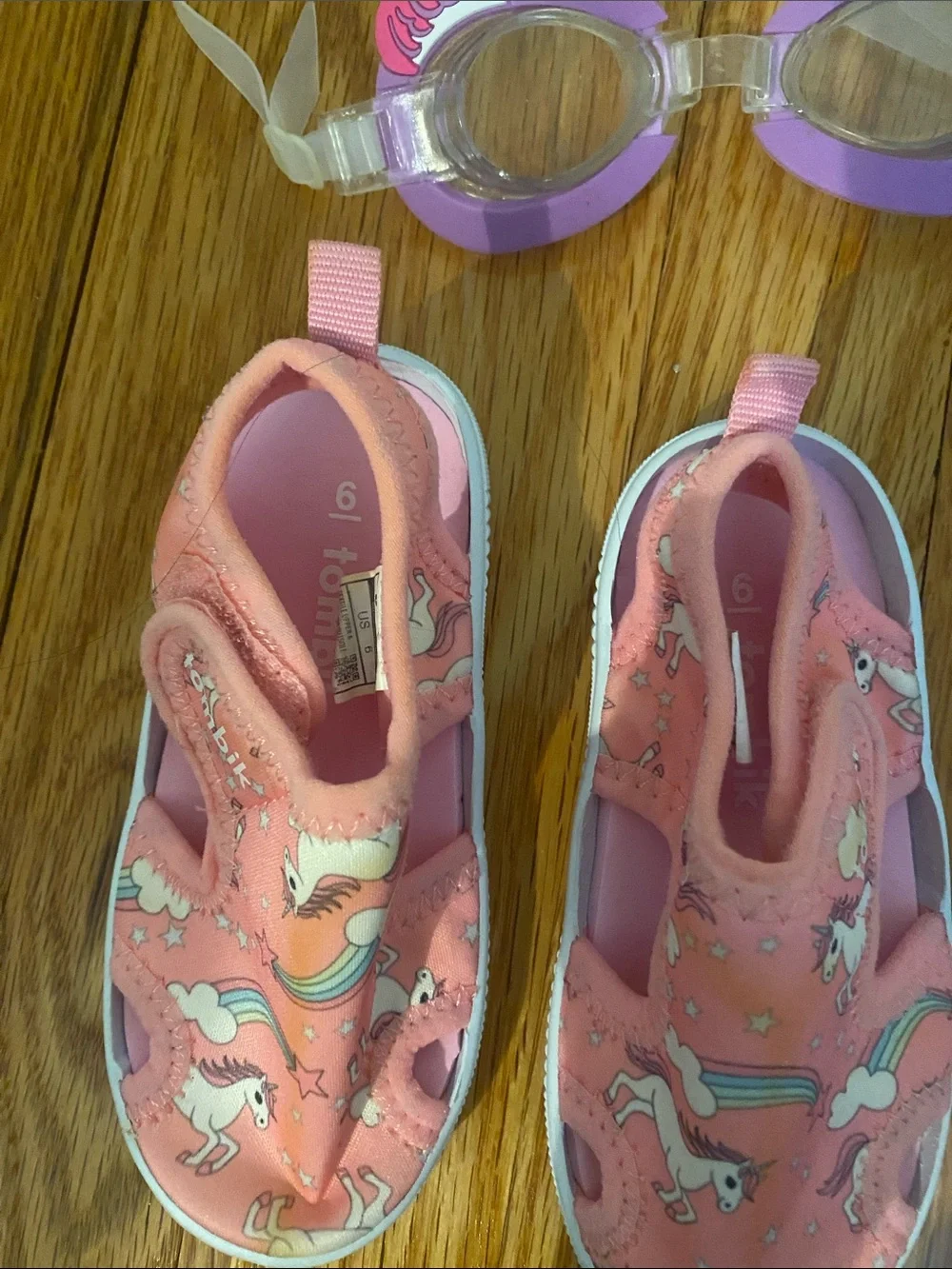 Kids Pink Unicorn Water Shoes with Rainbow Print
